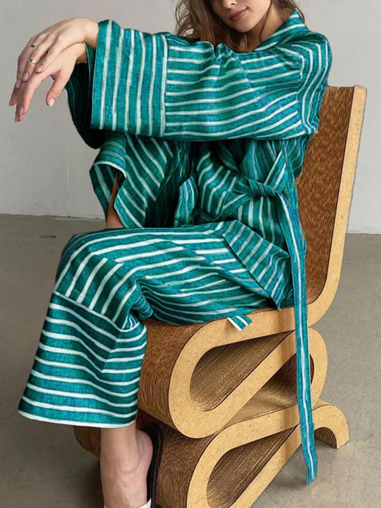 imagechouyatou Womens 2 Piece Striped Lounge Set Oversized Shirt and Wide Leg Cropped Pant Matching SetsGreen