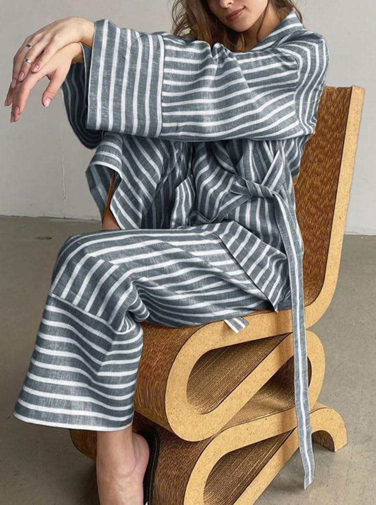 imagechouyatou Womens 2 Piece Striped Lounge Set Oversized Shirt and Wide Leg Cropped Pant Matching SetsGrey