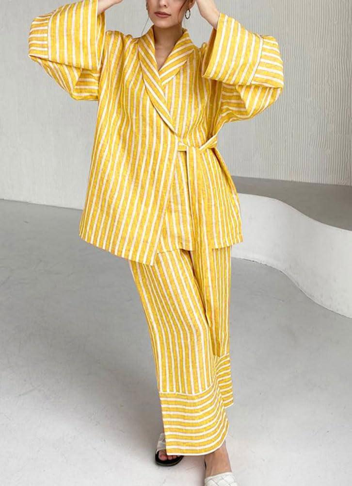 imagechouyatou Womens 2 Piece Striped Lounge Set Oversized Shirt and Wide Leg Cropped Pant Matching SetsYellow