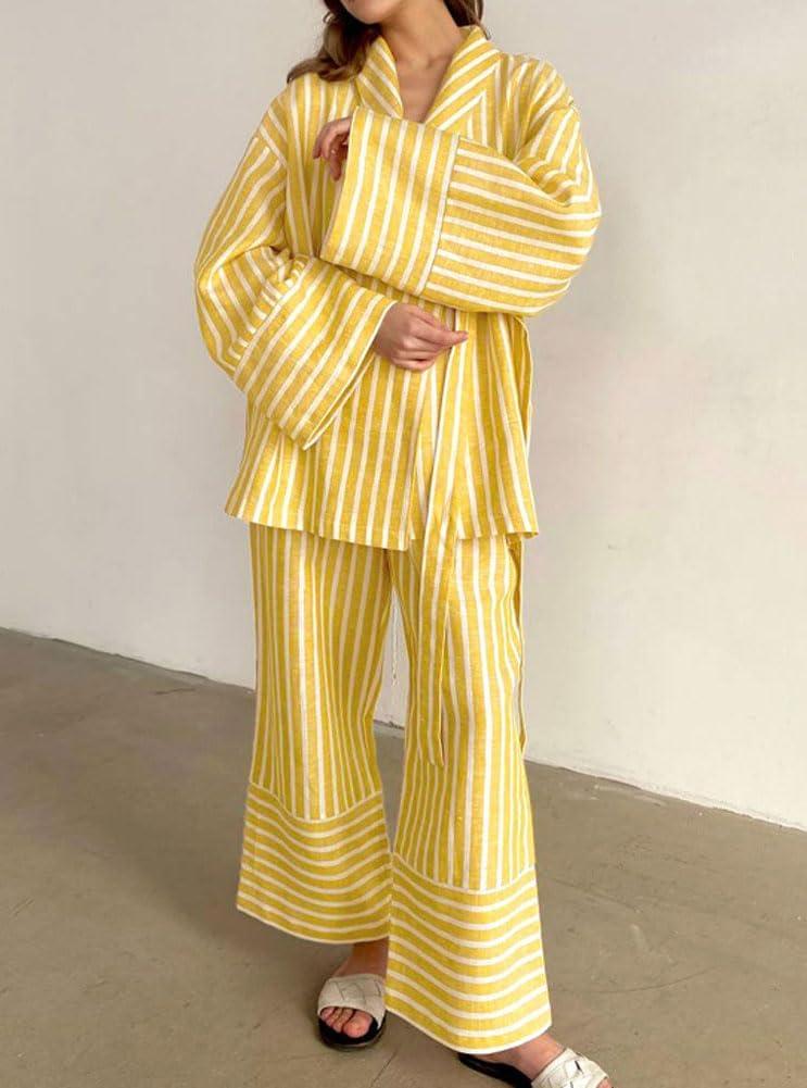 imagechouyatou Womens 2 Piece Striped Lounge Set Oversized Shirt and Wide Leg Cropped Pant Matching SetsYellow
