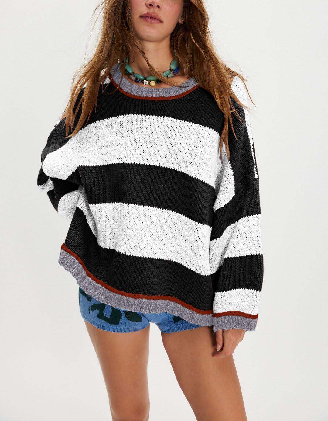 imagechouyatou Womens 2025 Color Block Striped Sweaters Crewneck Long Sleeve Casual Oversized Knitted Sweater TopsBlack and White