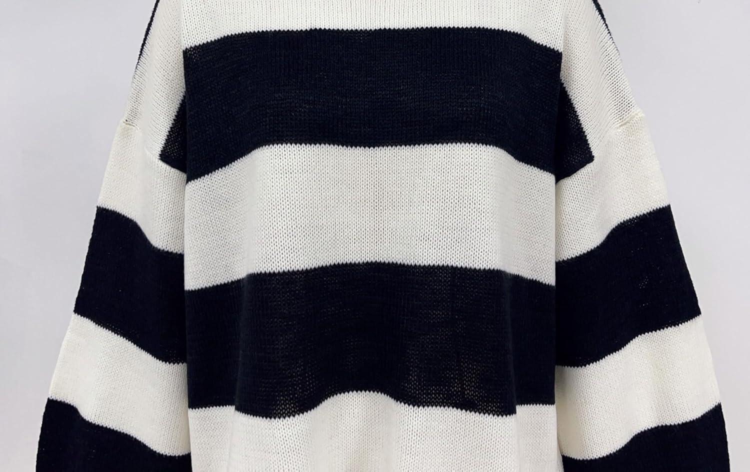 imagechouyatou Womens 2025 Color Block Striped Sweaters Crewneck Long Sleeve Casual Oversized Knitted Sweater TopsBlack and White