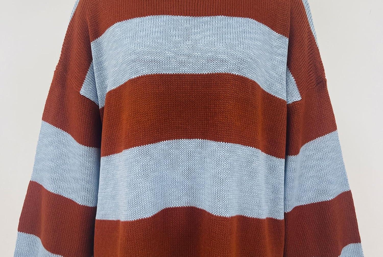 imagechouyatou Womens 2025 Color Block Striped Sweaters Crewneck Long Sleeve Casual Oversized Knitted Sweater TopsBlue and Brown
