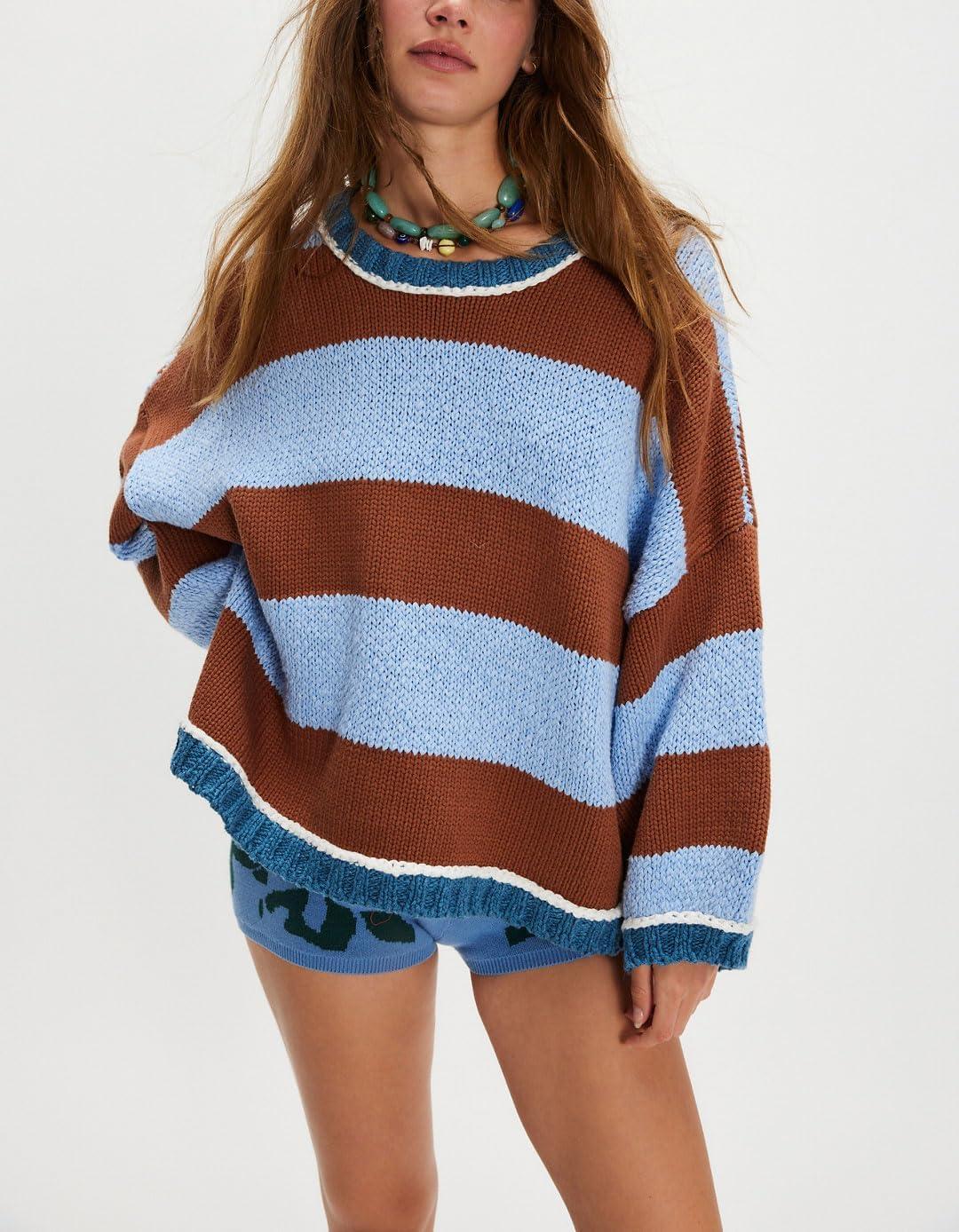 imagechouyatou Womens 2025 Color Block Striped Sweaters Crewneck Long Sleeve Casual Oversized Knitted Sweater TopsBlue and Brown