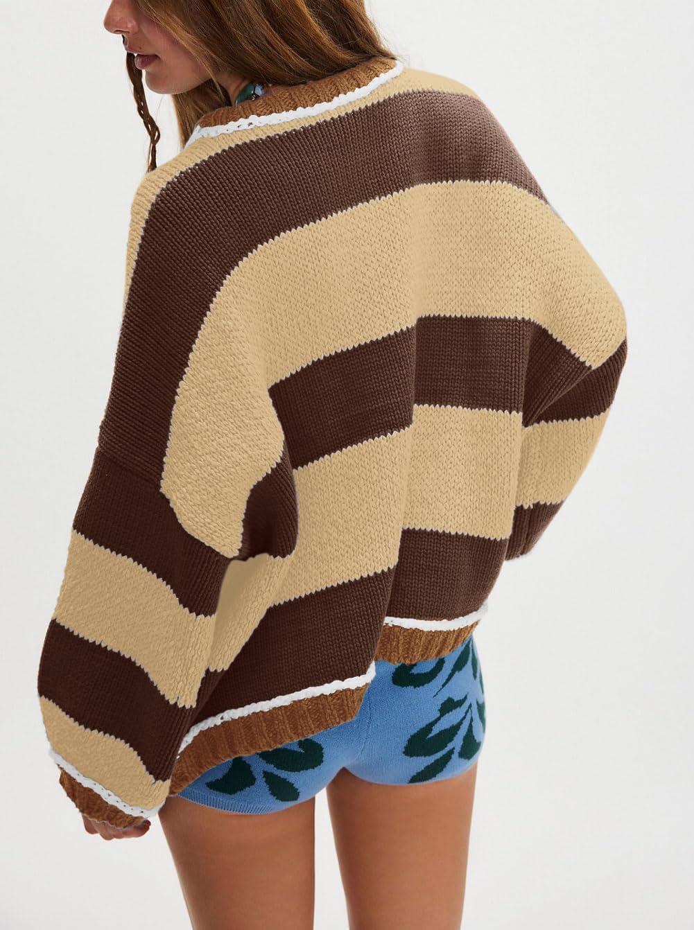 imagechouyatou Womens 2025 Color Block Striped Sweaters Crewneck Long Sleeve Casual Oversized Knitted Sweater TopsKhaki and Brown