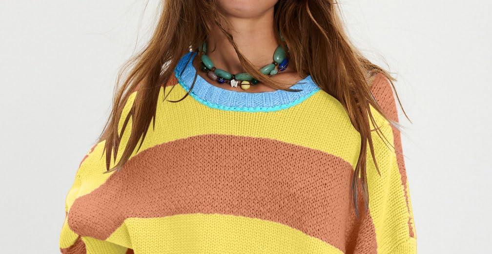 imagechouyatou Womens 2025 Color Block Striped Sweaters Crewneck Long Sleeve Casual Oversized Knitted Sweater TopsOrange and Yellow