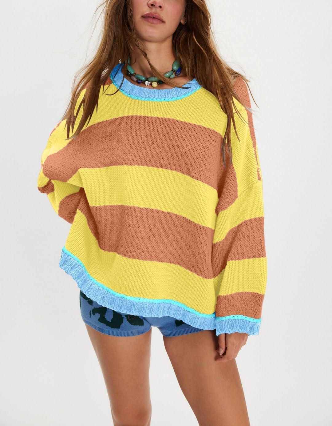 imagechouyatou Womens 2025 Color Block Striped Sweaters Crewneck Long Sleeve Casual Oversized Knitted Sweater TopsOrange and Yellow