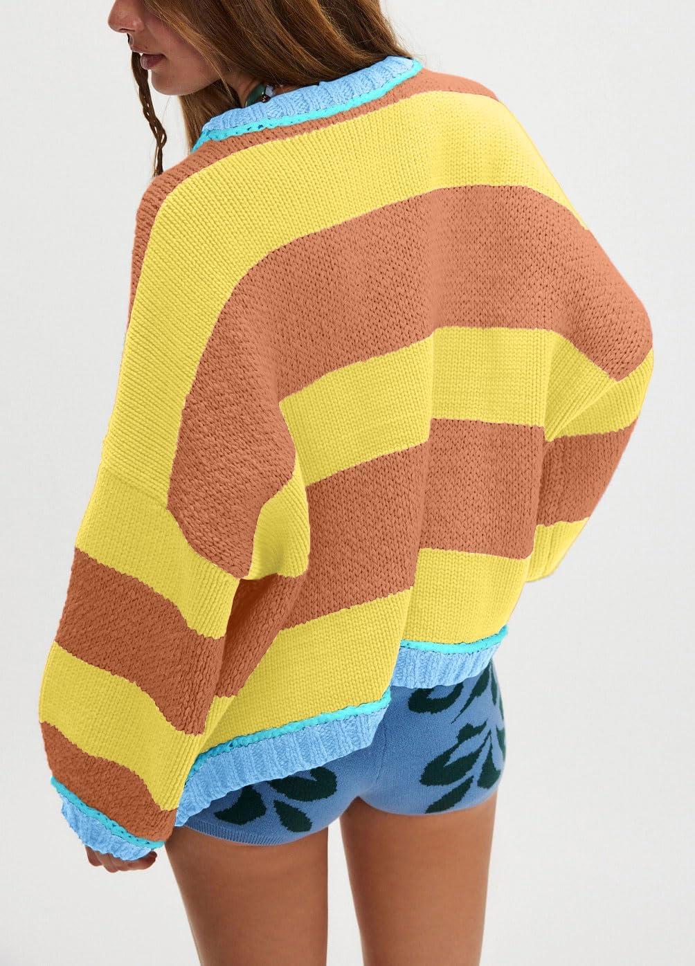imagechouyatou Womens 2025 Color Block Striped Sweaters Crewneck Long Sleeve Casual Oversized Knitted Sweater TopsOrange and Yellow