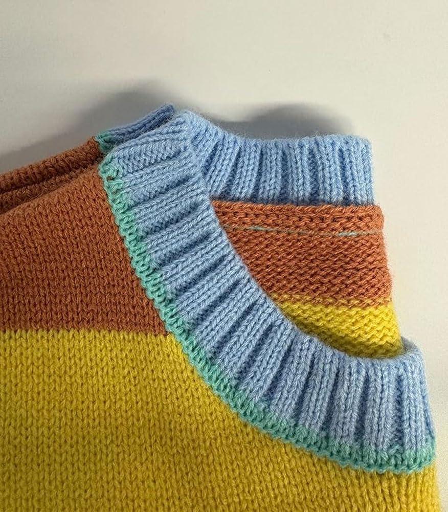 imagechouyatou Womens 2025 Color Block Striped Sweaters Crewneck Long Sleeve Casual Oversized Knitted Sweater TopsOrange and Yellow