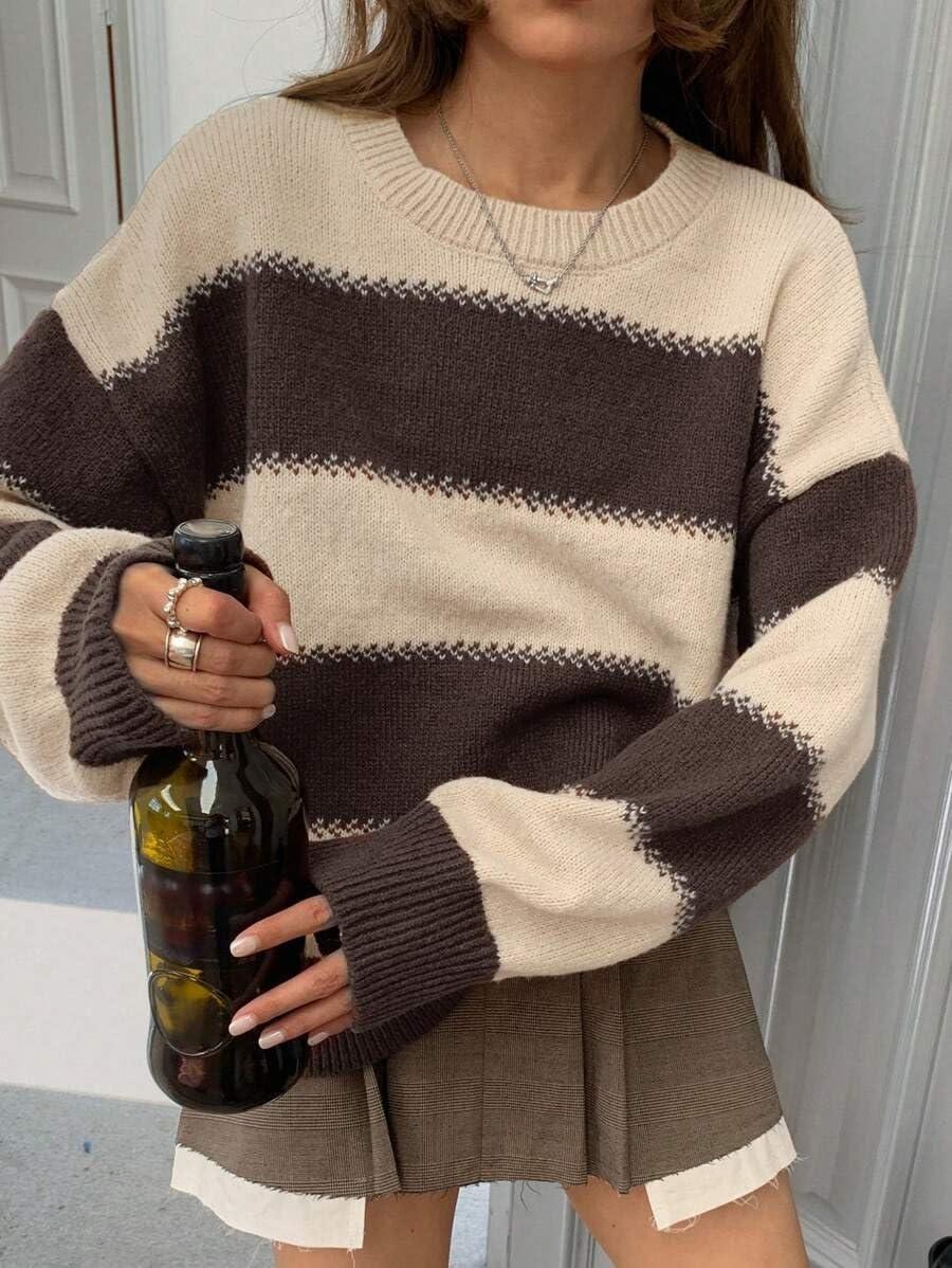 imagechouyatou Womens 2025 Contrast Striped Sweaters Y2k Vintage Pullover Sweater Slouchy Knit Jumper TopsApricot