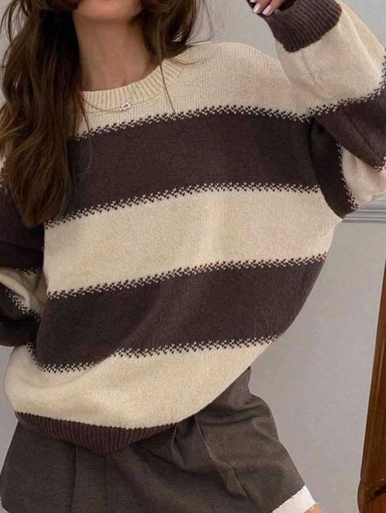 imagechouyatou Womens 2025 Contrast Striped Sweaters Y2k Vintage Pullover Sweater Slouchy Knit Jumper TopsApricot