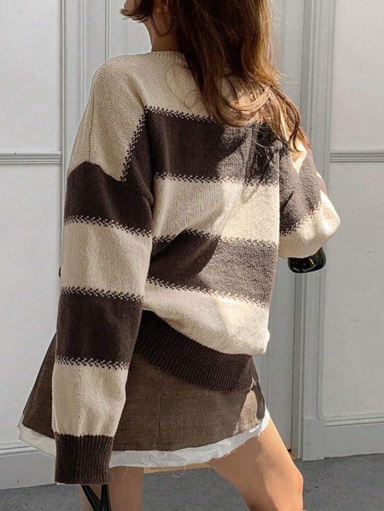 imagechouyatou Womens 2025 Contrast Striped Sweaters Y2k Vintage Pullover Sweater Slouchy Knit Jumper TopsApricot