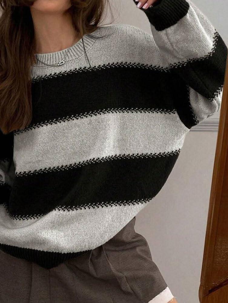 imagechouyatou Womens 2025 Contrast Striped Sweaters Y2k Vintage Pullover Sweater Slouchy Knit Jumper TopsBlack