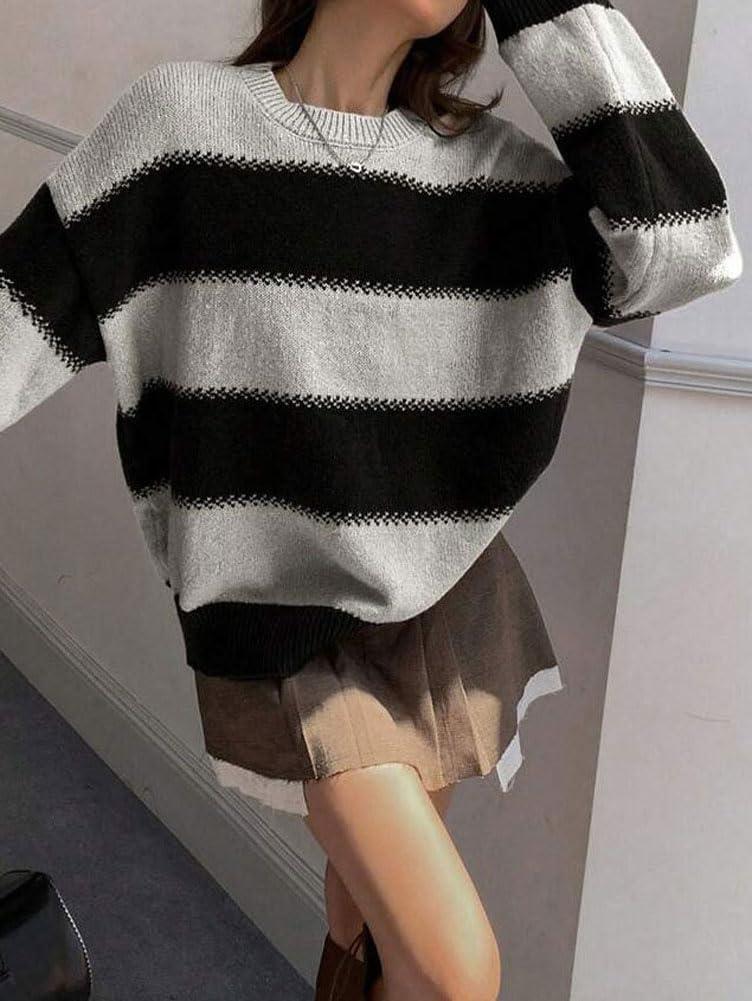 imagechouyatou Womens 2025 Contrast Striped Sweaters Y2k Vintage Pullover Sweater Slouchy Knit Jumper TopsBlack