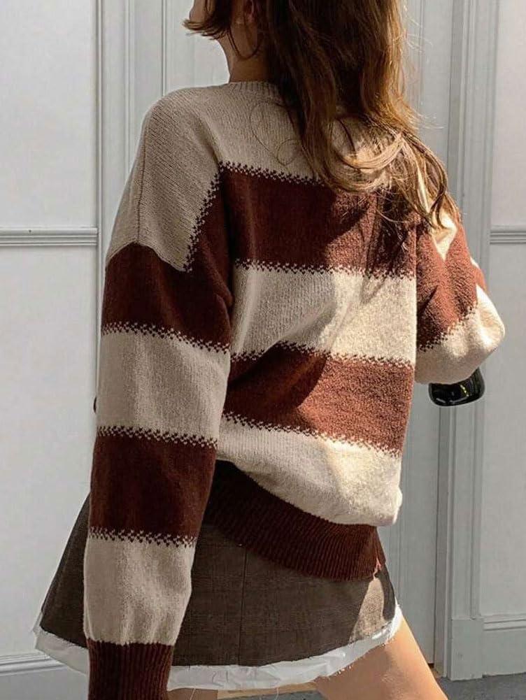 imagechouyatou Womens 2025 Contrast Striped Sweaters Y2k Vintage Pullover Sweater Slouchy Knit Jumper TopsCoffee Brown