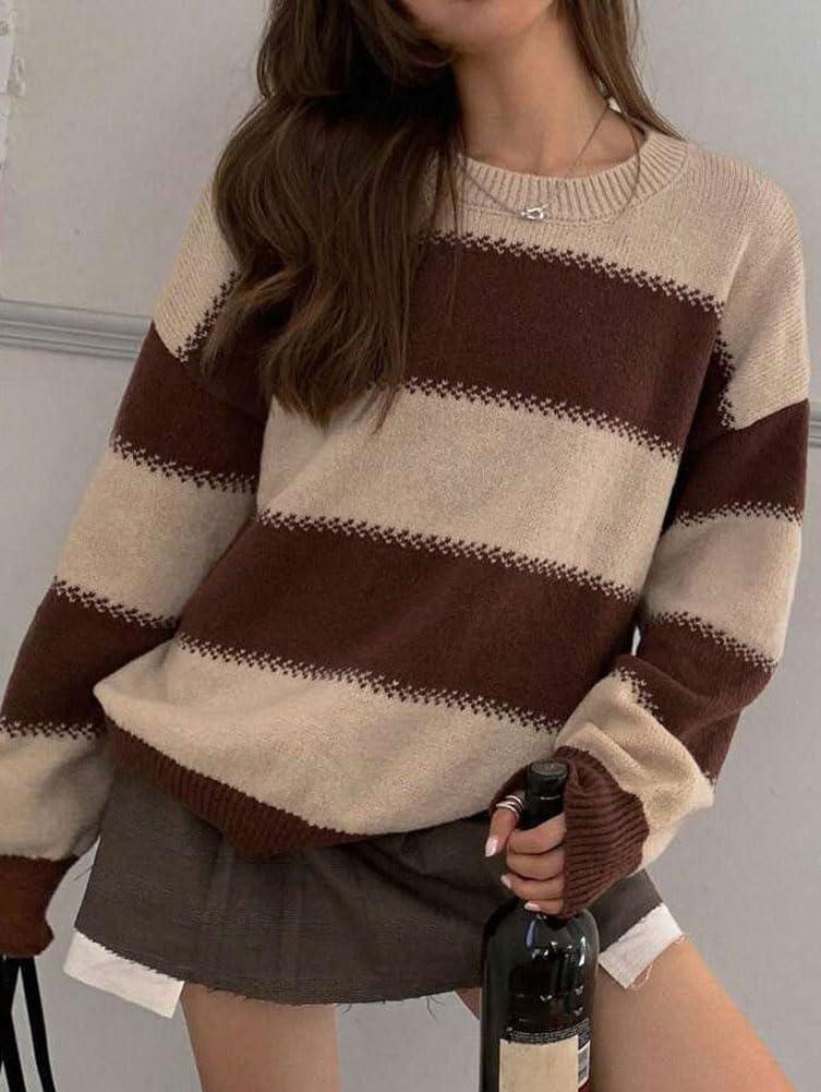 imagechouyatou Womens 2025 Contrast Striped Sweaters Y2k Vintage Pullover Sweater Slouchy Knit Jumper TopsCoffee Brown