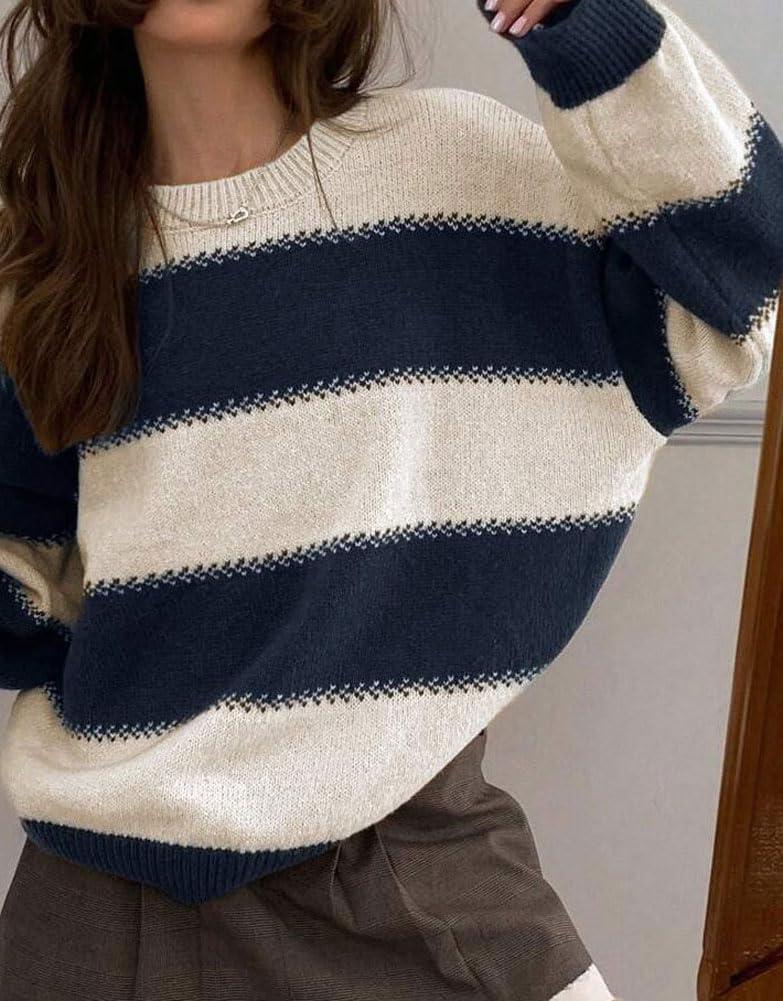 imagechouyatou Womens 2025 Contrast Striped Sweaters Y2k Vintage Pullover Sweater Slouchy Knit Jumper TopsNavy Blue