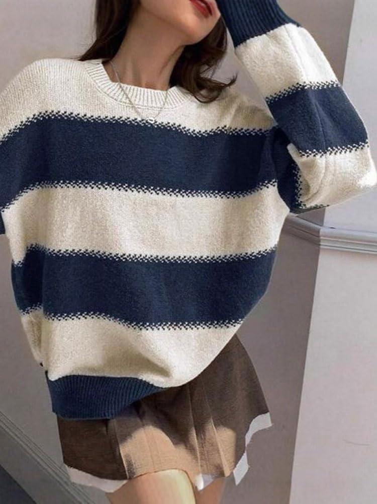 imagechouyatou Womens 2025 Contrast Striped Sweaters Y2k Vintage Pullover Sweater Slouchy Knit Jumper TopsNavy Blue