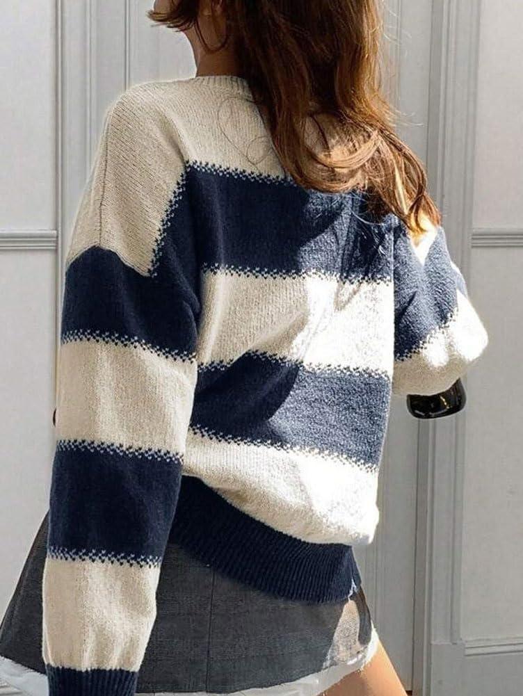 imagechouyatou Womens 2025 Contrast Striped Sweaters Y2k Vintage Pullover Sweater Slouchy Knit Jumper TopsNavy Blue