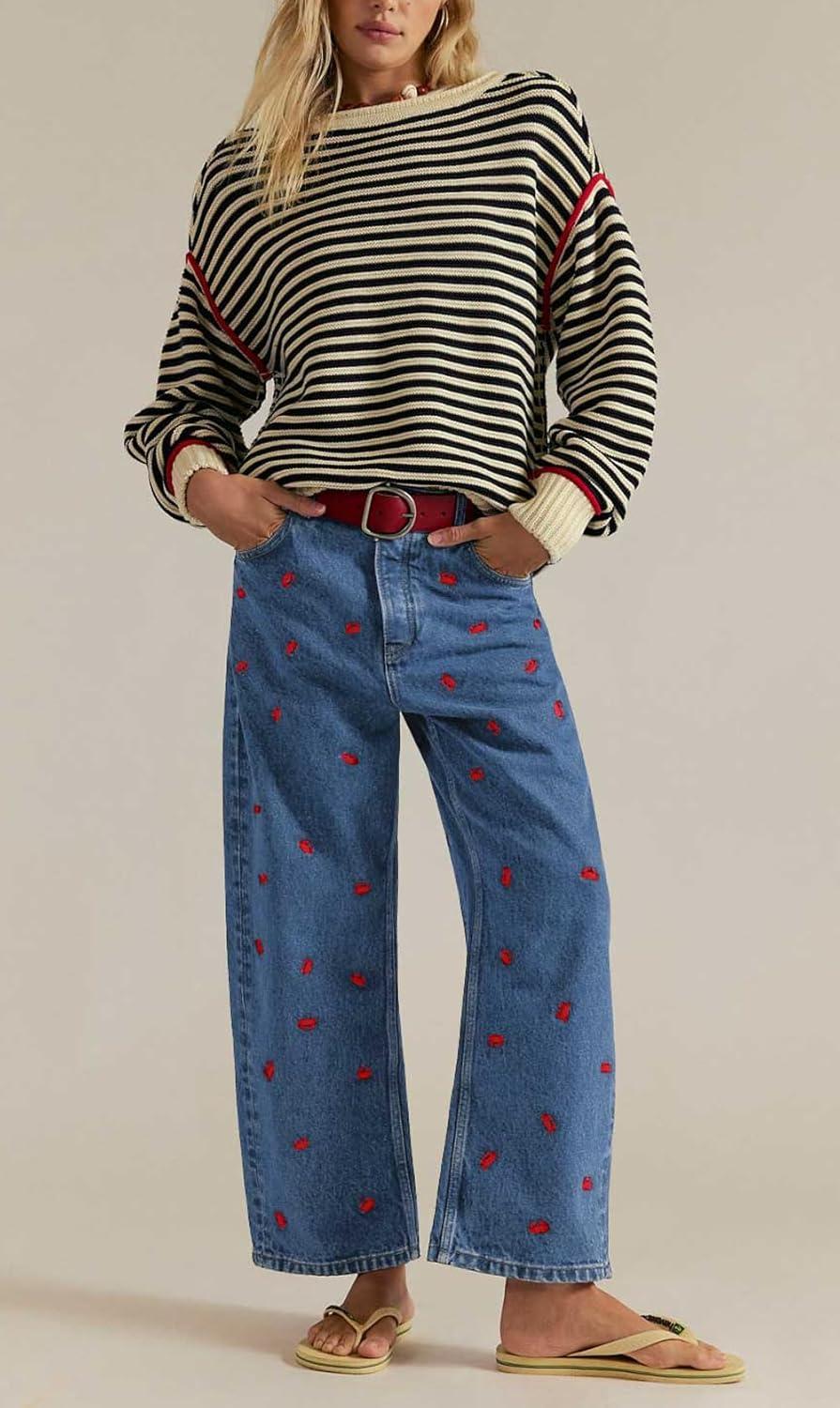 imagechouyatou Womens 2025 Crab Print Baggy Wide Leg Jeans Boyfriend Y2K Casual Floral Denim Ankle PantsBlue