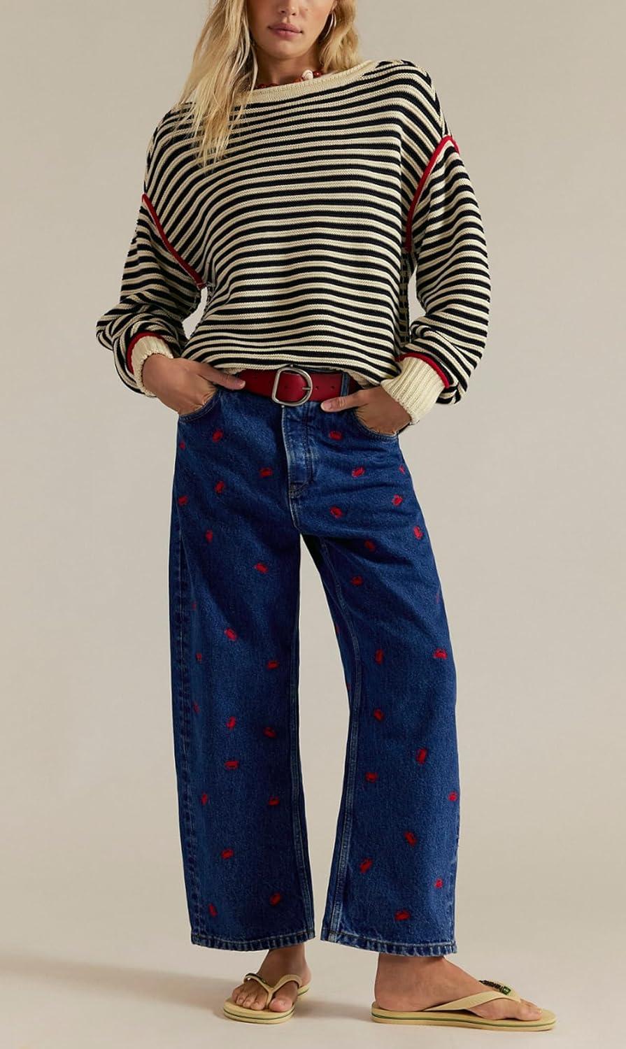 imagechouyatou Womens 2025 Crab Print Baggy Wide Leg Jeans Boyfriend Y2K Casual Floral Denim Ankle PantsDark Blue
