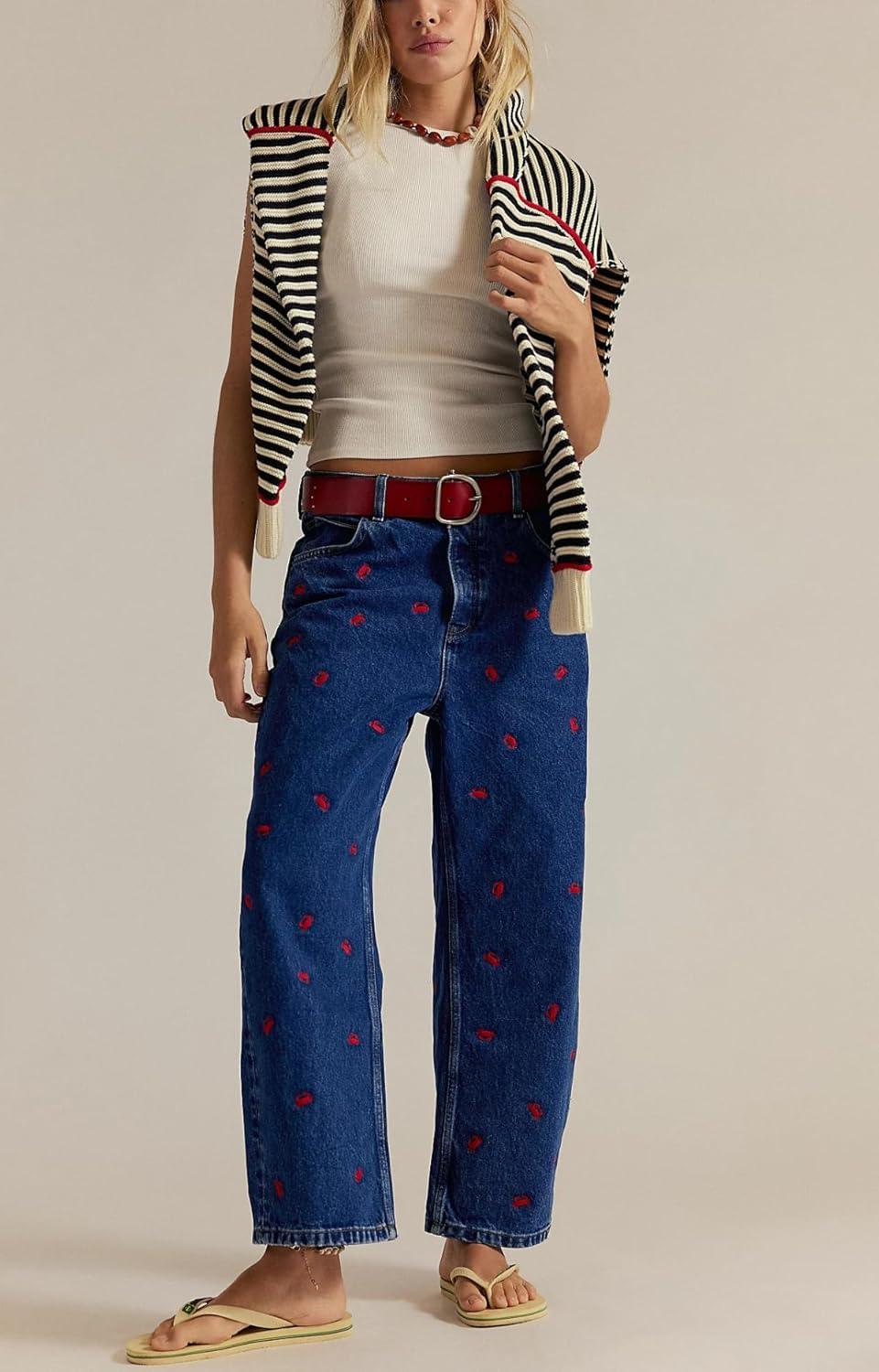 imagechouyatou Womens 2025 Crab Print Baggy Wide Leg Jeans Boyfriend Y2K Casual Floral Denim Ankle PantsDark Blue