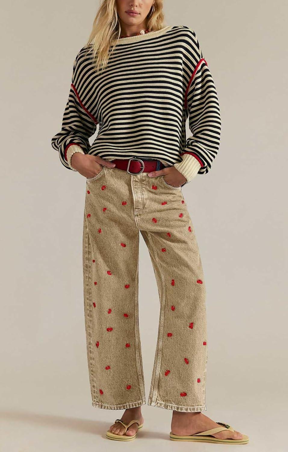 imagechouyatou Womens 2025 Crab Print Baggy Wide Leg Jeans Boyfriend Y2K Casual Floral Denim Ankle PantsKhaki