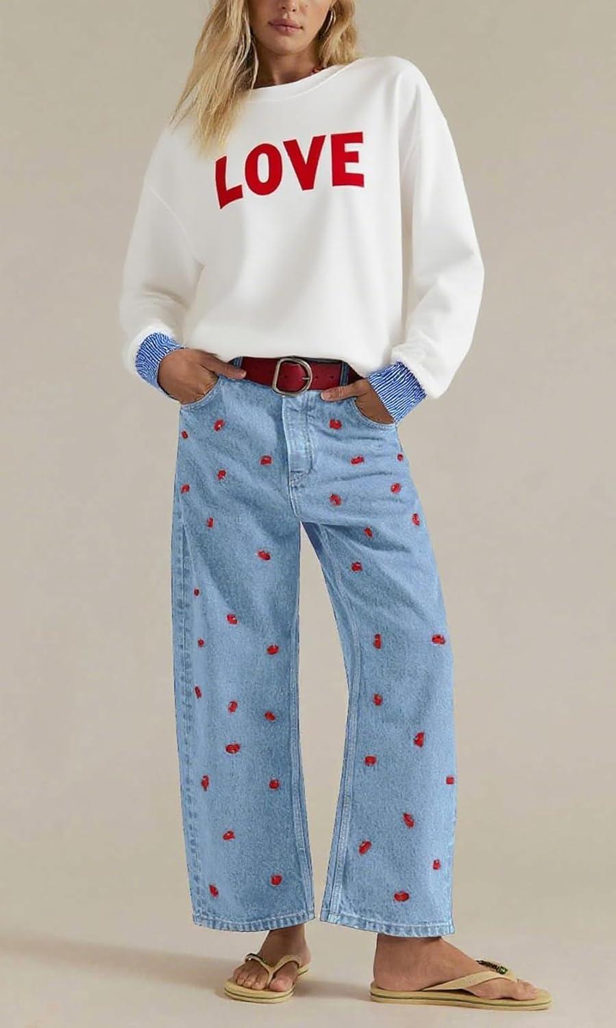imagechouyatou Womens 2025 Crab Print Baggy Wide Leg Jeans Boyfriend Y2K Casual Floral Denim Ankle PantsLight Blue