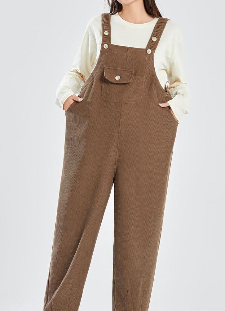 imagechouyatou Womens 2025 Fall Adjustable Strap Corduroy Overall Tapered Leg Jumpsuit Pants with PocketsCoffee