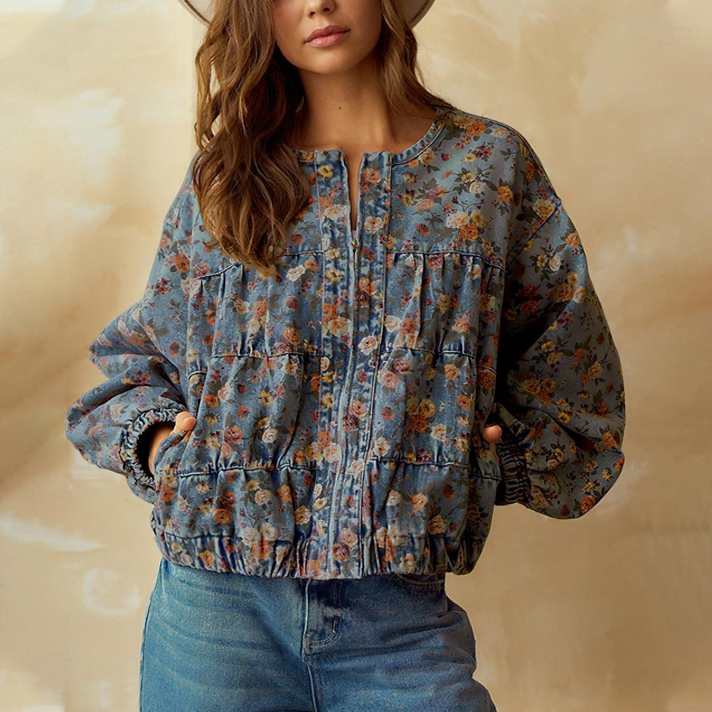 imagechouyatou Womens 2025 Fall Boyfriend Floral Denim Jacket Spring Y2K Casual Oversized Jean Bomber JacketDark Floral