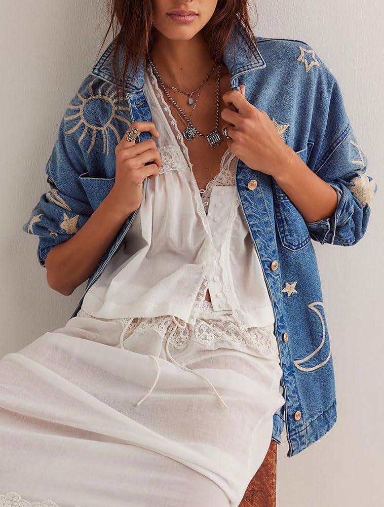 imagechouyatou Womens 2025 Fall Embroidery Denim Jacket Vintage Boyfriend Casual Oversized Jean JacketBlue