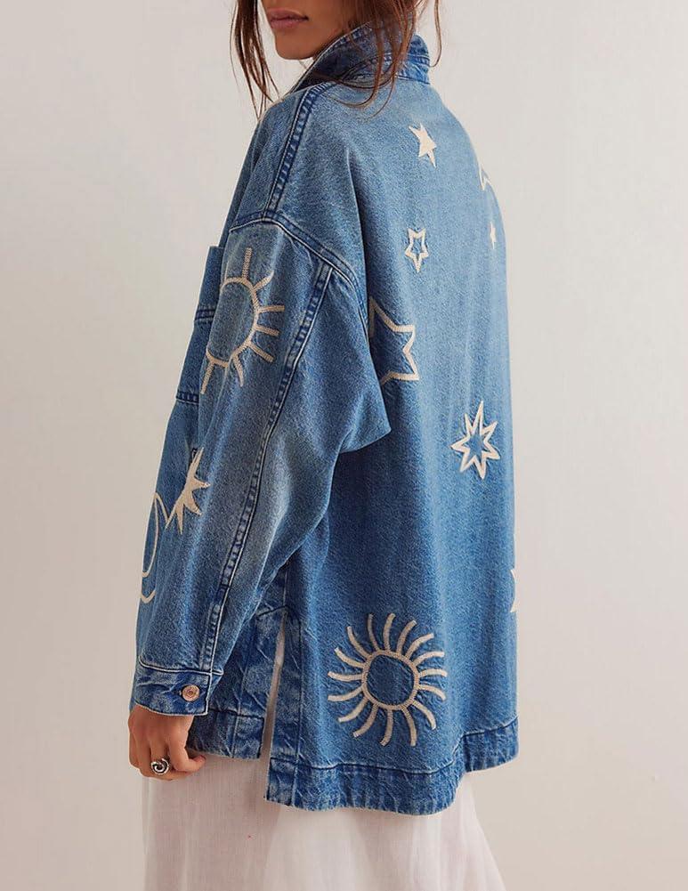imagechouyatou Womens 2025 Fall Embroidery Denim Jacket Vintage Boyfriend Casual Oversized Jean JacketBlue