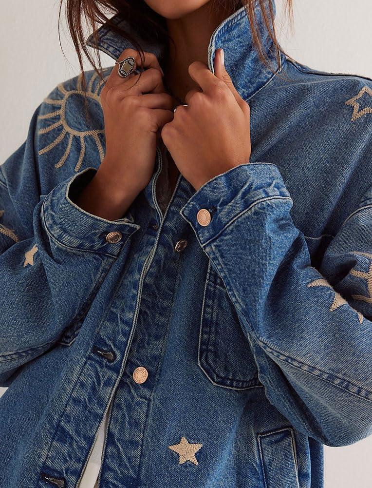 imagechouyatou Womens 2025 Fall Embroidery Denim Jacket Vintage Boyfriend Casual Oversized Jean JacketBlue