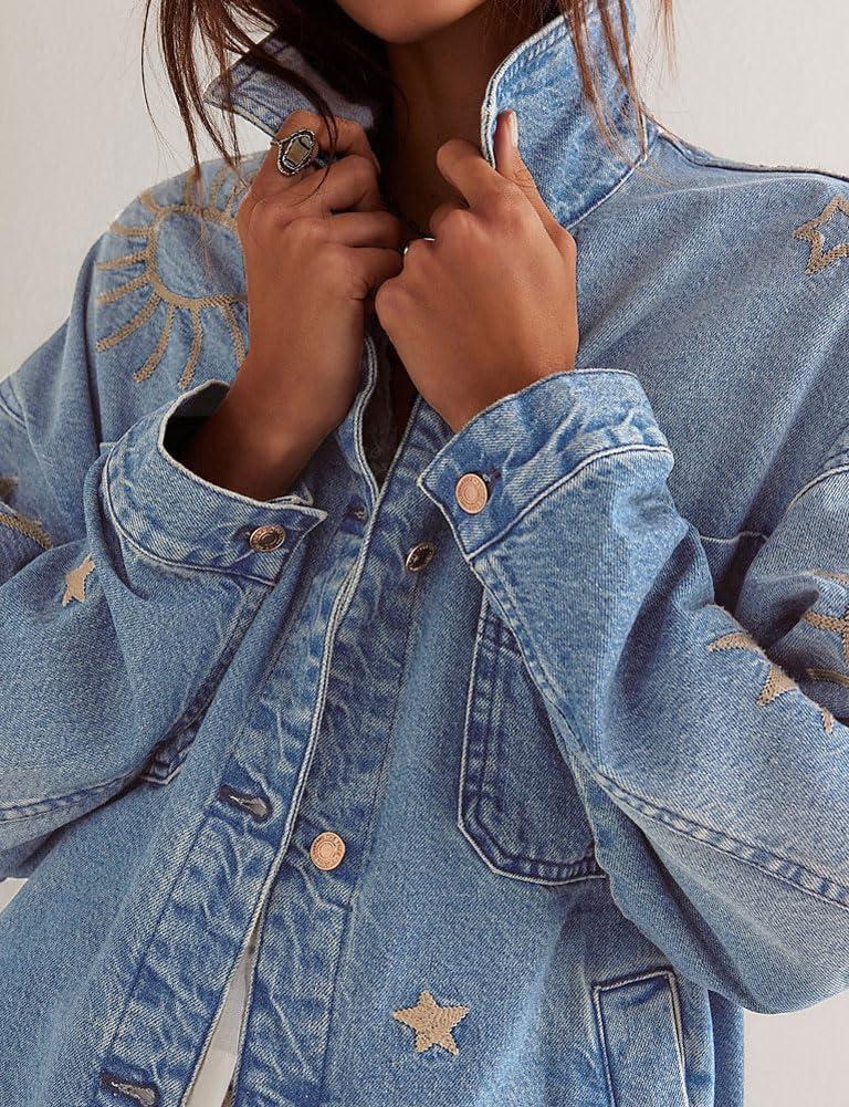 imagechouyatou Womens 2025 Fall Embroidery Denim Jacket Vintage Boyfriend Casual Oversized Jean JacketLight Blue