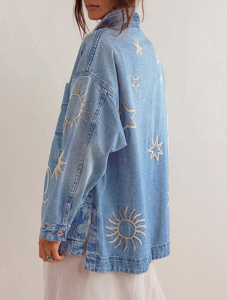 imagechouyatou Womens 2025 Fall Embroidery Denim Jacket Vintage Boyfriend Casual Oversized Jean JacketLight Blue