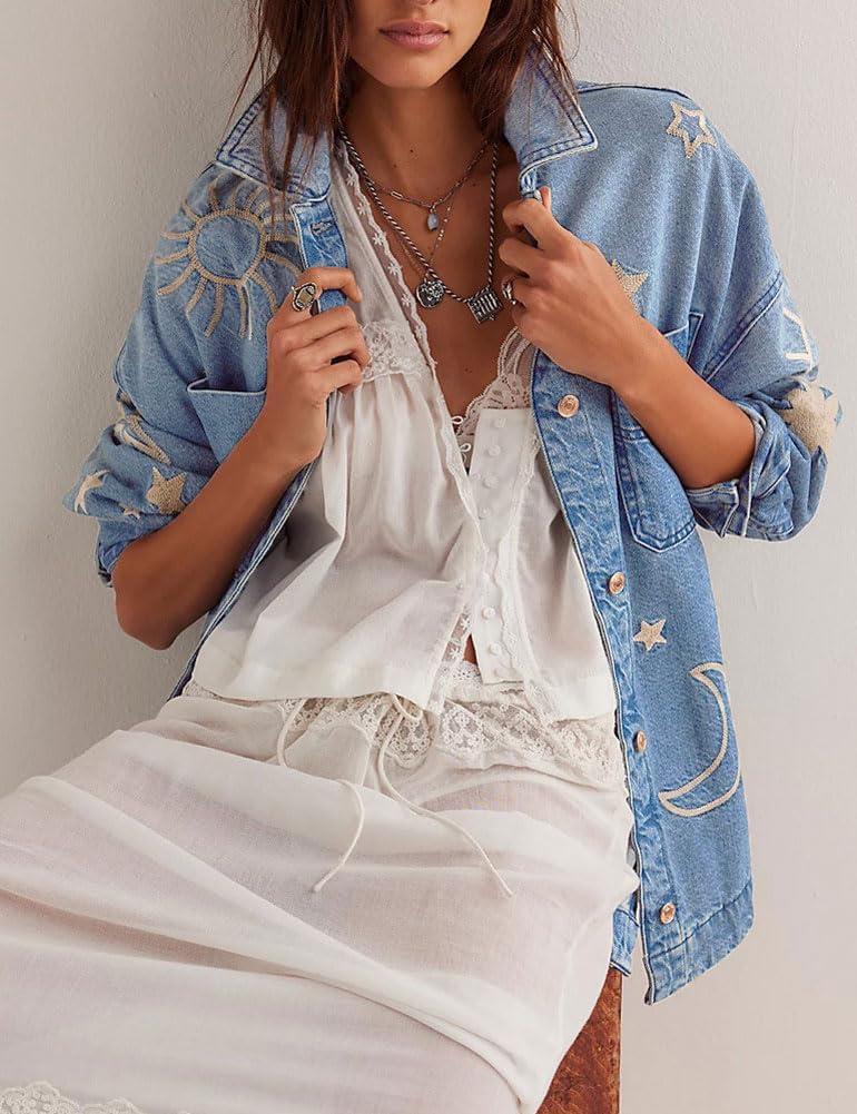 imagechouyatou Womens 2025 Fall Embroidery Denim Jacket Vintage Boyfriend Casual Oversized Jean JacketLight Blue