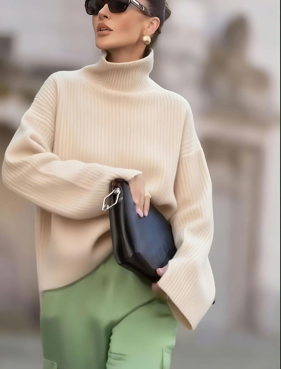 imagechouyatou Womens 2025 Fall Ribbed Knit Turtleneck Sweater Casual Pullover Winter Cozy Sweater Jumper TopApricot