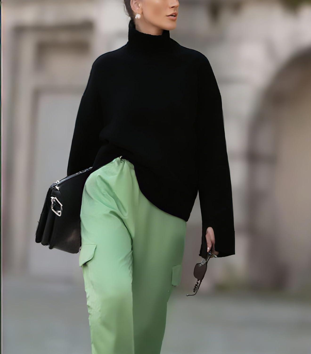 imagechouyatou Womens 2025 Fall Ribbed Knit Turtleneck Sweater Casual Pullover Winter Cozy Sweater Jumper TopBlack