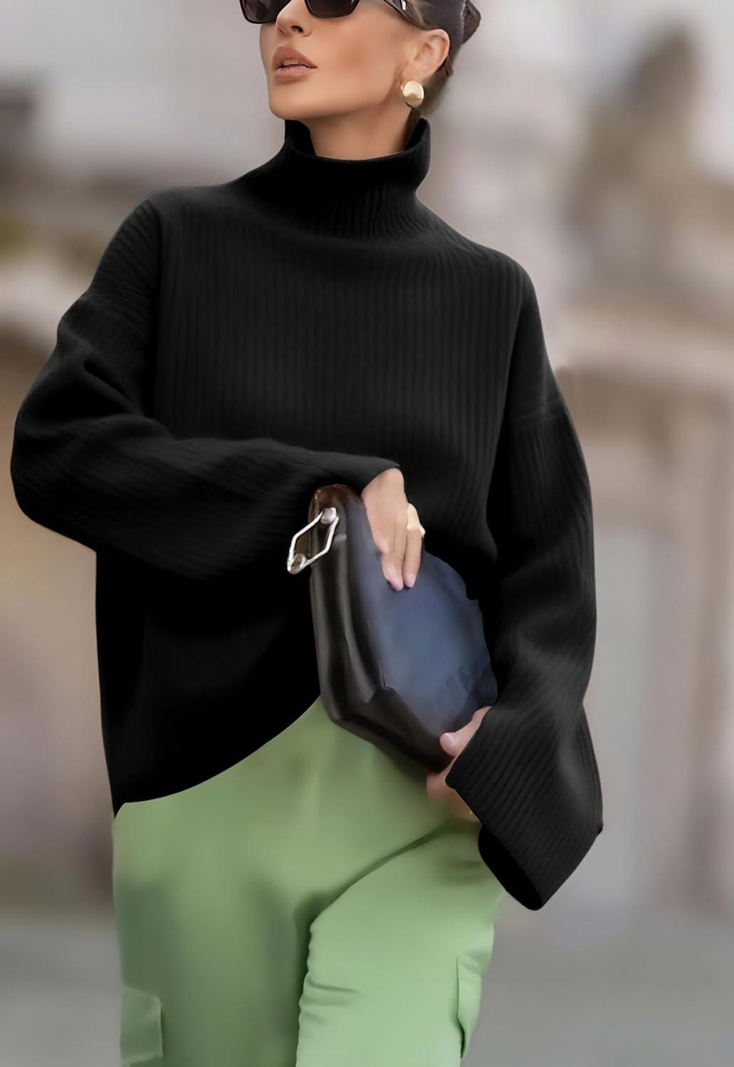 imagechouyatou Womens 2025 Fall Ribbed Knit Turtleneck Sweater Casual Pullover Winter Cozy Sweater Jumper TopBlack