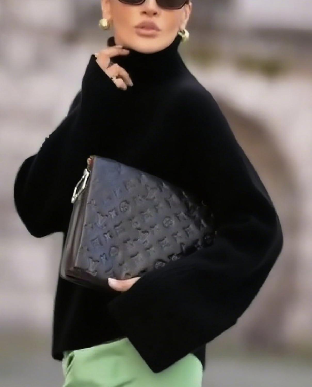 imagechouyatou Womens 2025 Fall Ribbed Knit Turtleneck Sweater Casual Pullover Winter Cozy Sweater Jumper TopBlack