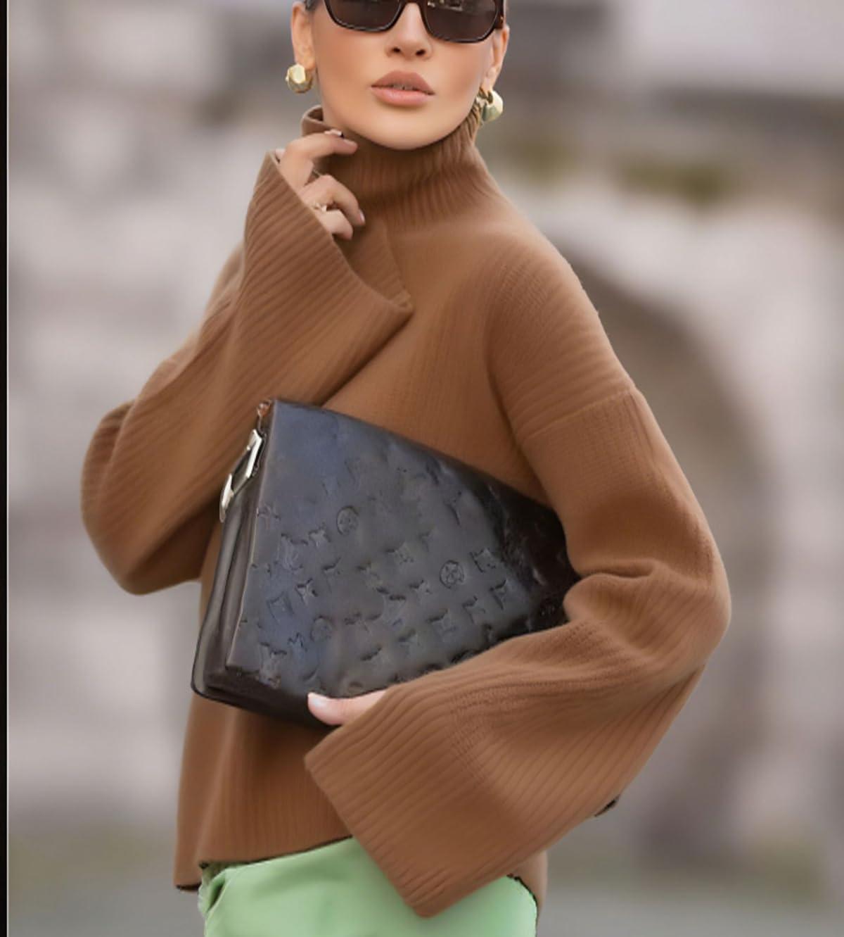 imagechouyatou Womens 2025 Fall Ribbed Knit Turtleneck Sweater Casual Pullover Winter Cozy Sweater Jumper TopBrown