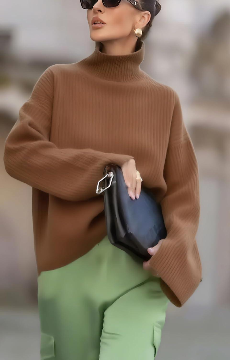 imagechouyatou Womens 2025 Fall Ribbed Knit Turtleneck Sweater Casual Pullover Winter Cozy Sweater Jumper TopBrown