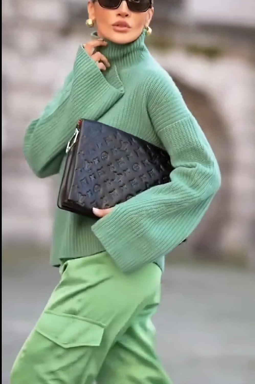 imagechouyatou Womens 2025 Fall Ribbed Knit Turtleneck Sweater Casual Pullover Winter Cozy Sweater Jumper TopGreen