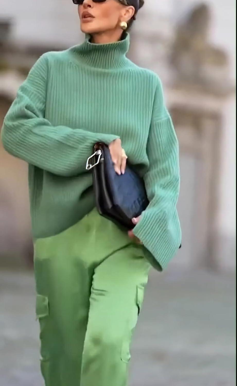 imagechouyatou Womens 2025 Fall Ribbed Knit Turtleneck Sweater Casual Pullover Winter Cozy Sweater Jumper TopGreen
