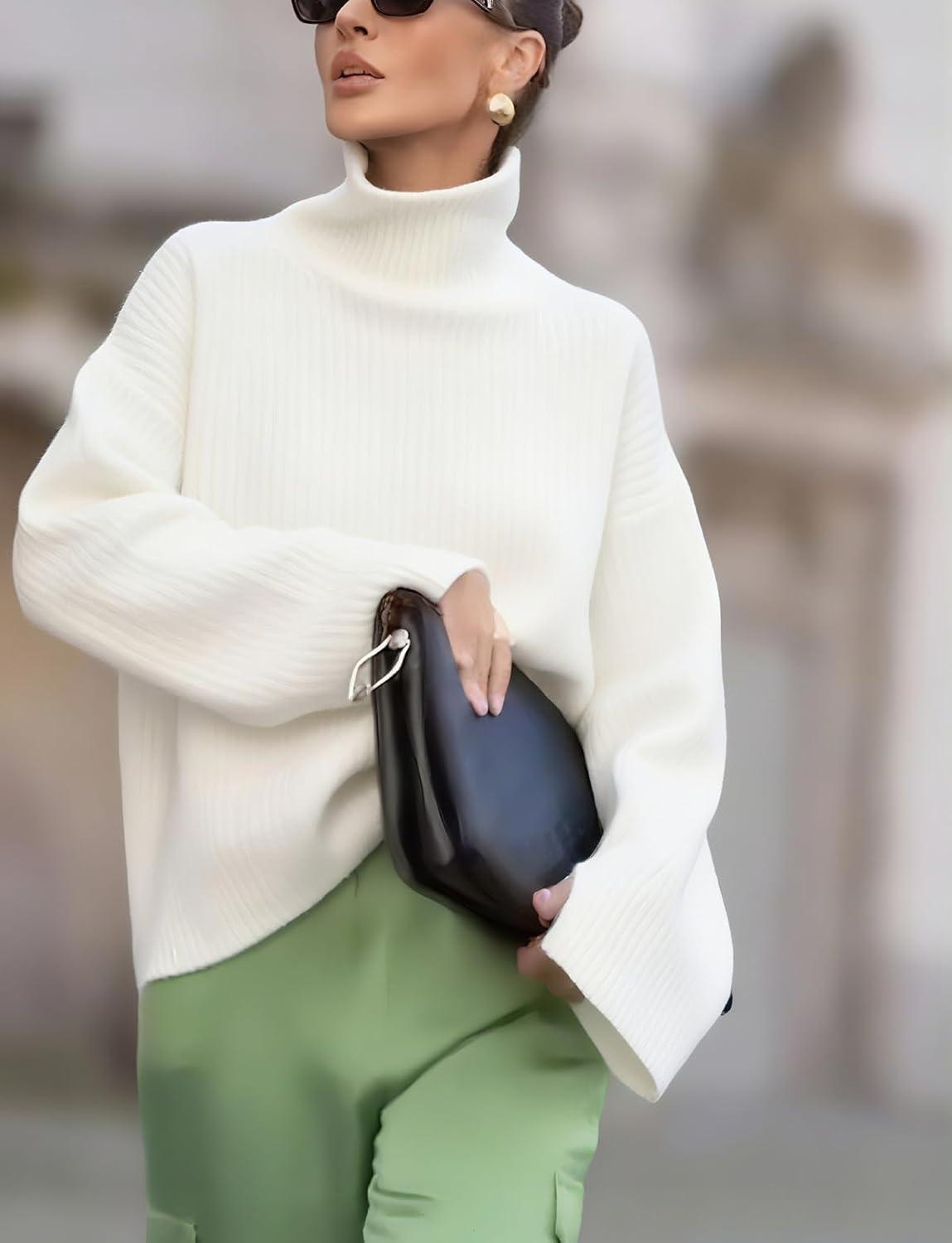 imagechouyatou Womens 2025 Fall Ribbed Knit Turtleneck Sweater Casual Pullover Winter Cozy Sweater Jumper TopWhite