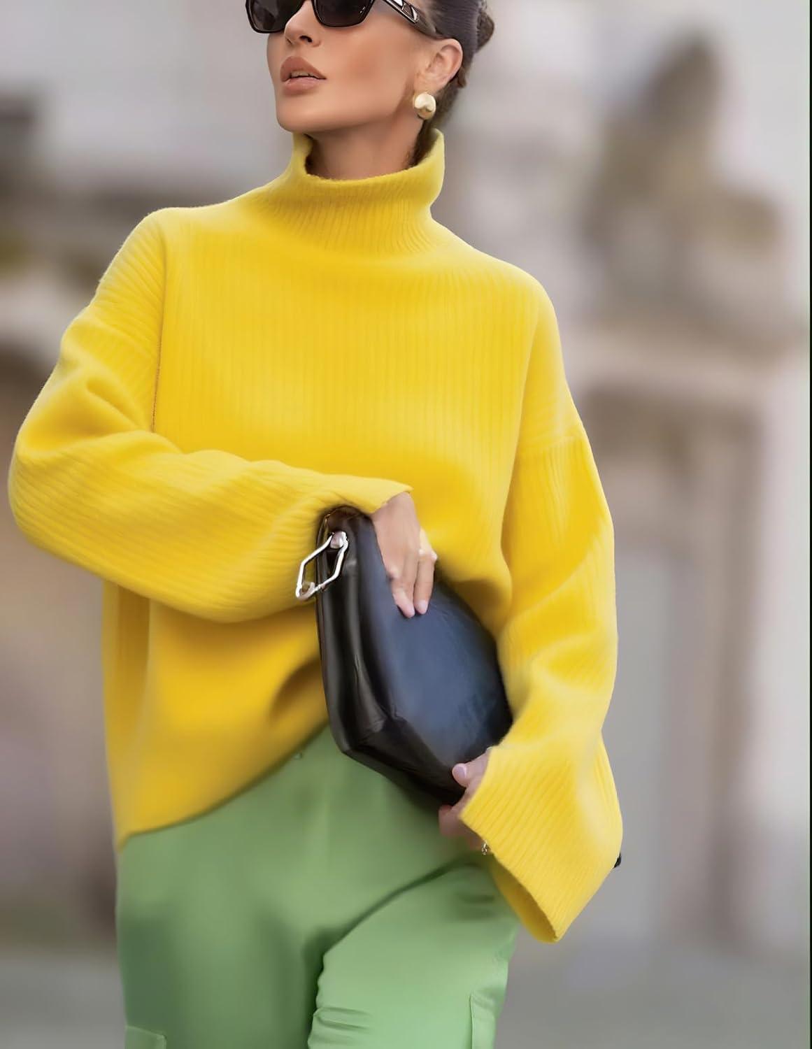 imagechouyatou Womens 2025 Fall Ribbed Knit Turtleneck Sweater Casual Pullover Winter Cozy Sweater Jumper TopYellow