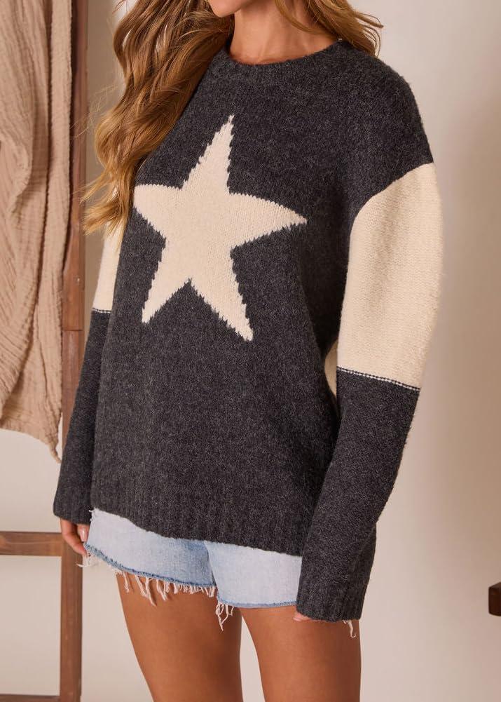imagechouyatou Womens 2025 Fall Trendy Star Sweater Casual Loose Chunky Knit Pullover Jumper TopsDark Grey