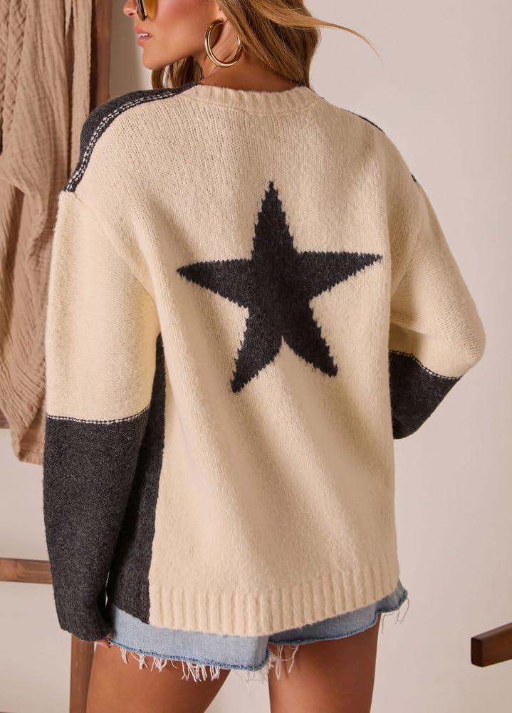 imagechouyatou Womens 2025 Fall Trendy Star Sweater Casual Loose Chunky Knit Pullover Jumper TopsDark Grey