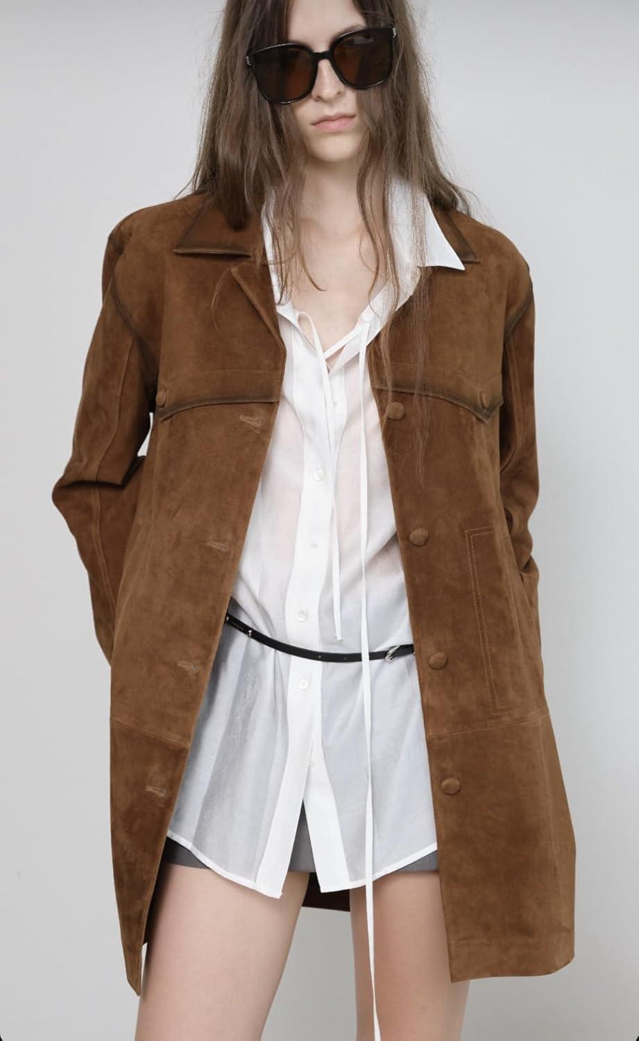 imagechouyatou Womens 2025 Retro Faux Suede Leather Shacket Jacket Lapel Collar Mid Long Jacket CoatBrown