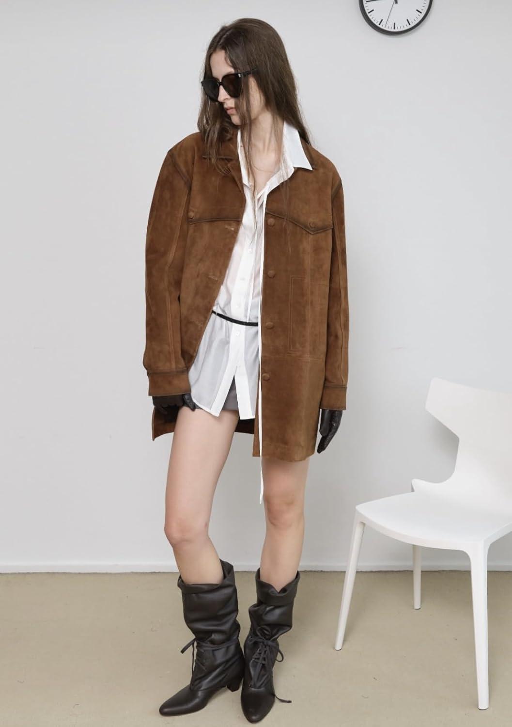 imagechouyatou Womens 2025 Retro Faux Suede Leather Shacket Jacket Lapel Collar Mid Long Jacket CoatBrown